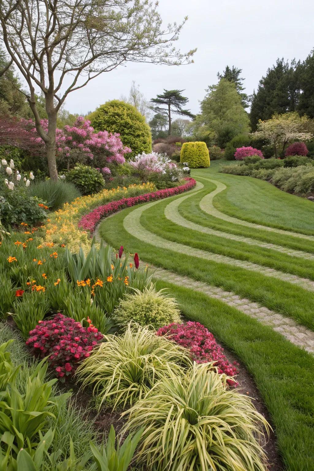 Add visual interest with patterned monkey grass planting.