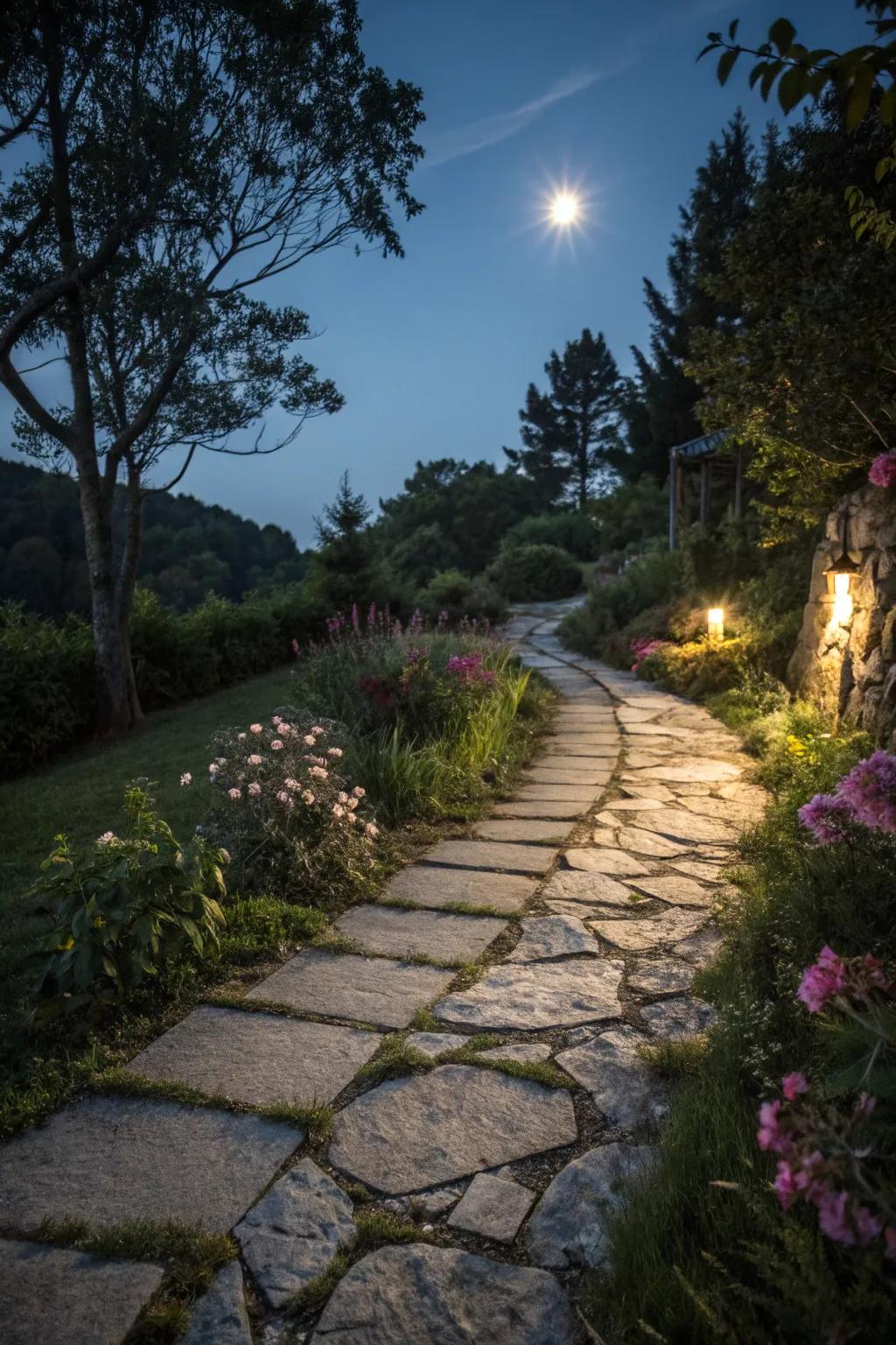A stone pathway that gently reflects moonlight, guiding your steps.