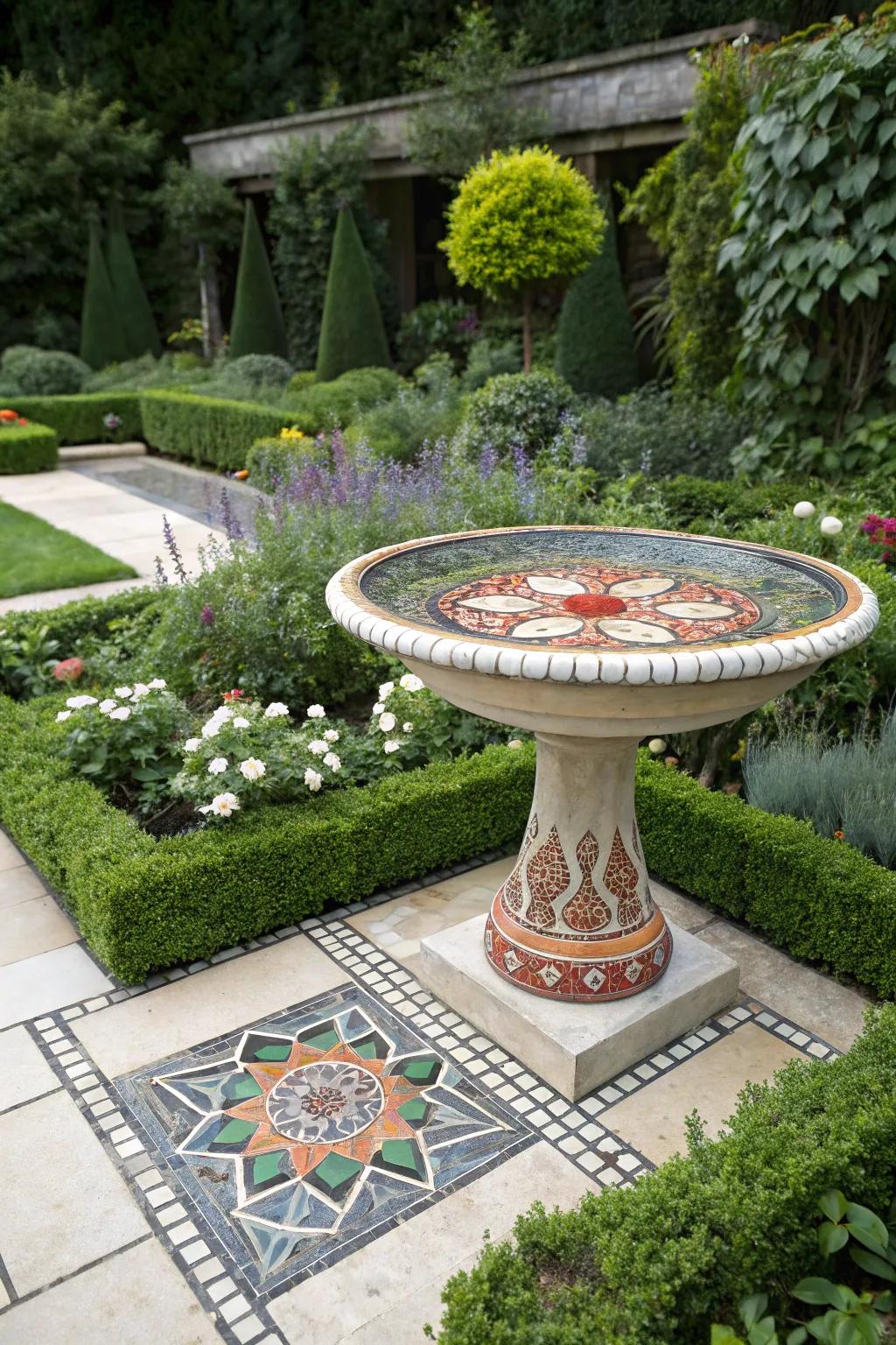 A striking geometric mosaic bird bath, adding contemporary flair to your outdoor space.