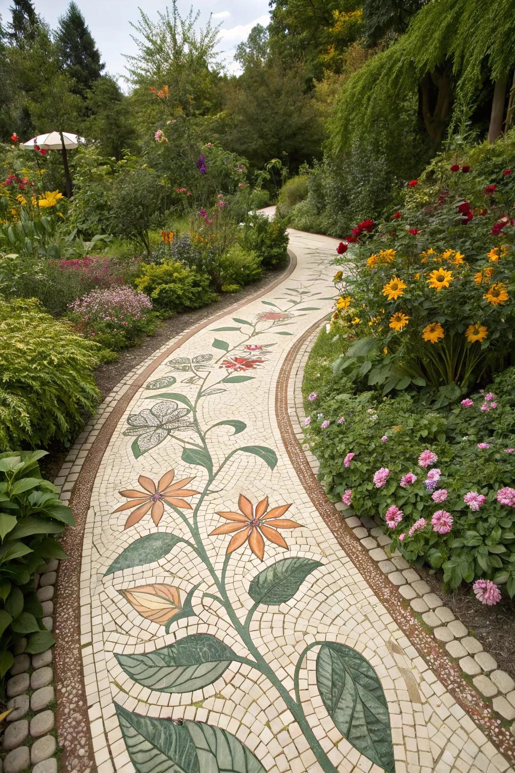 Nature-inspired motifs breathe life into this mosaic path.