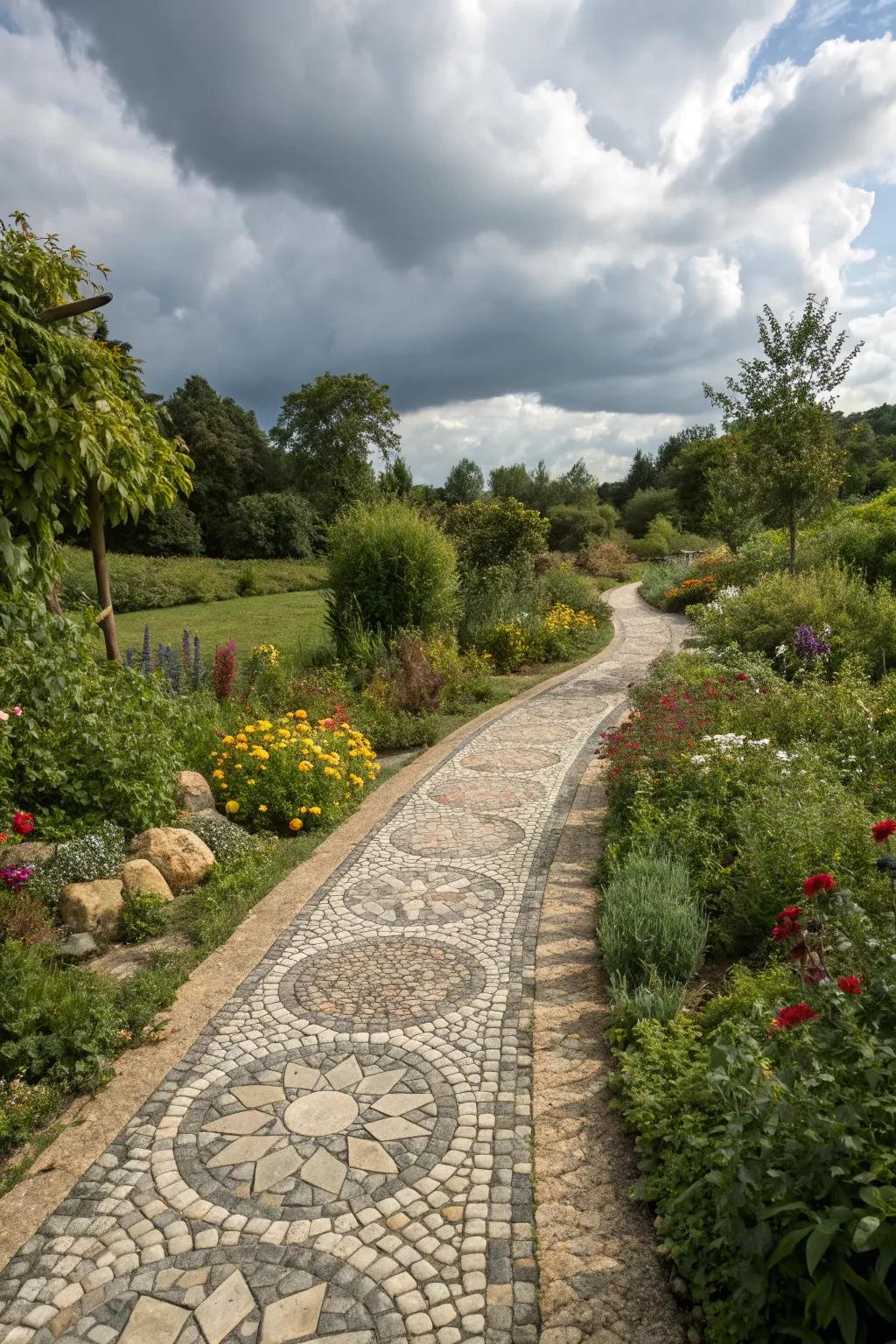 A pebble mosaic pathway that adds texture and natural beauty to the garden setting.