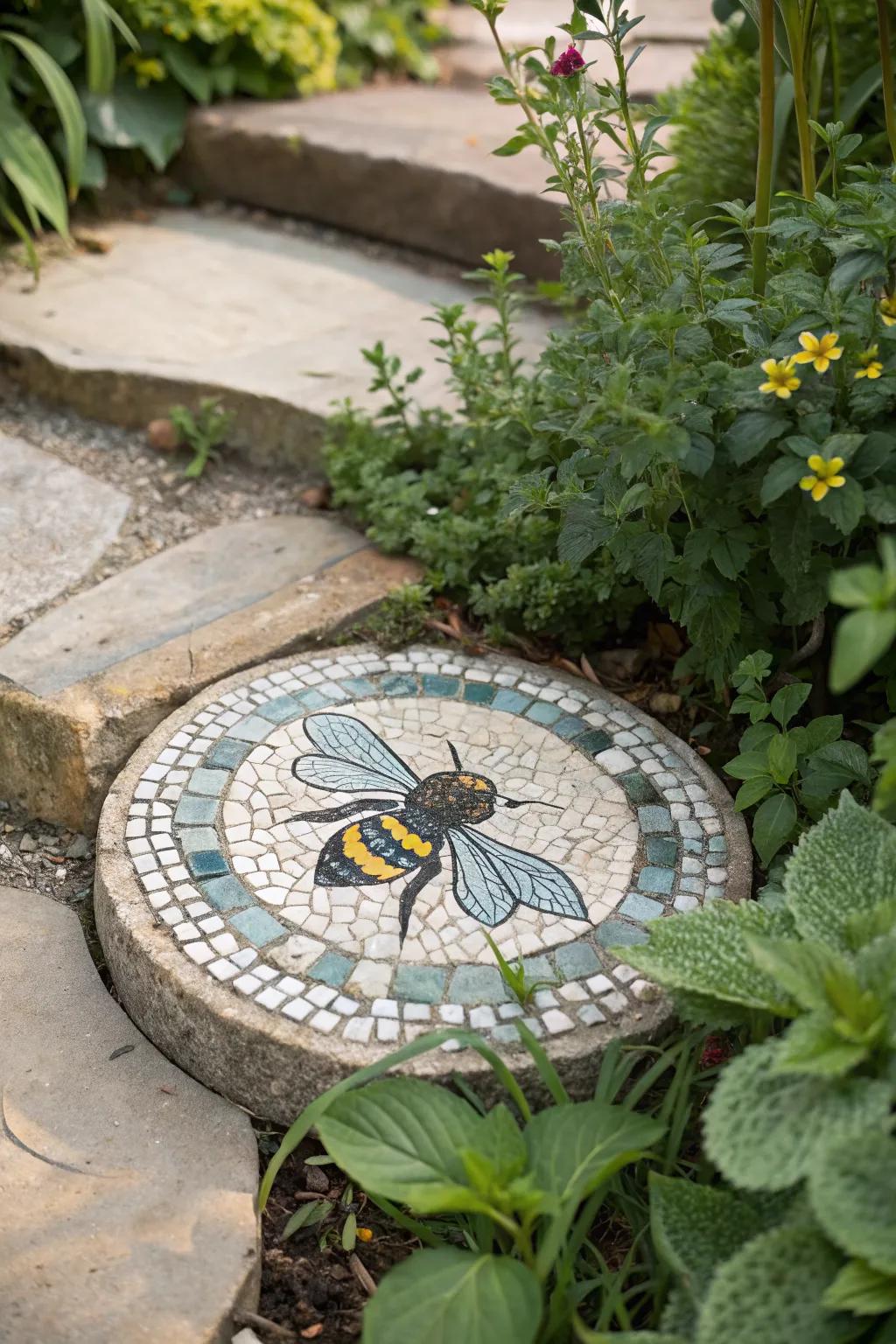 Bee-themed mosaic stones create a whimsical garden atmosphere