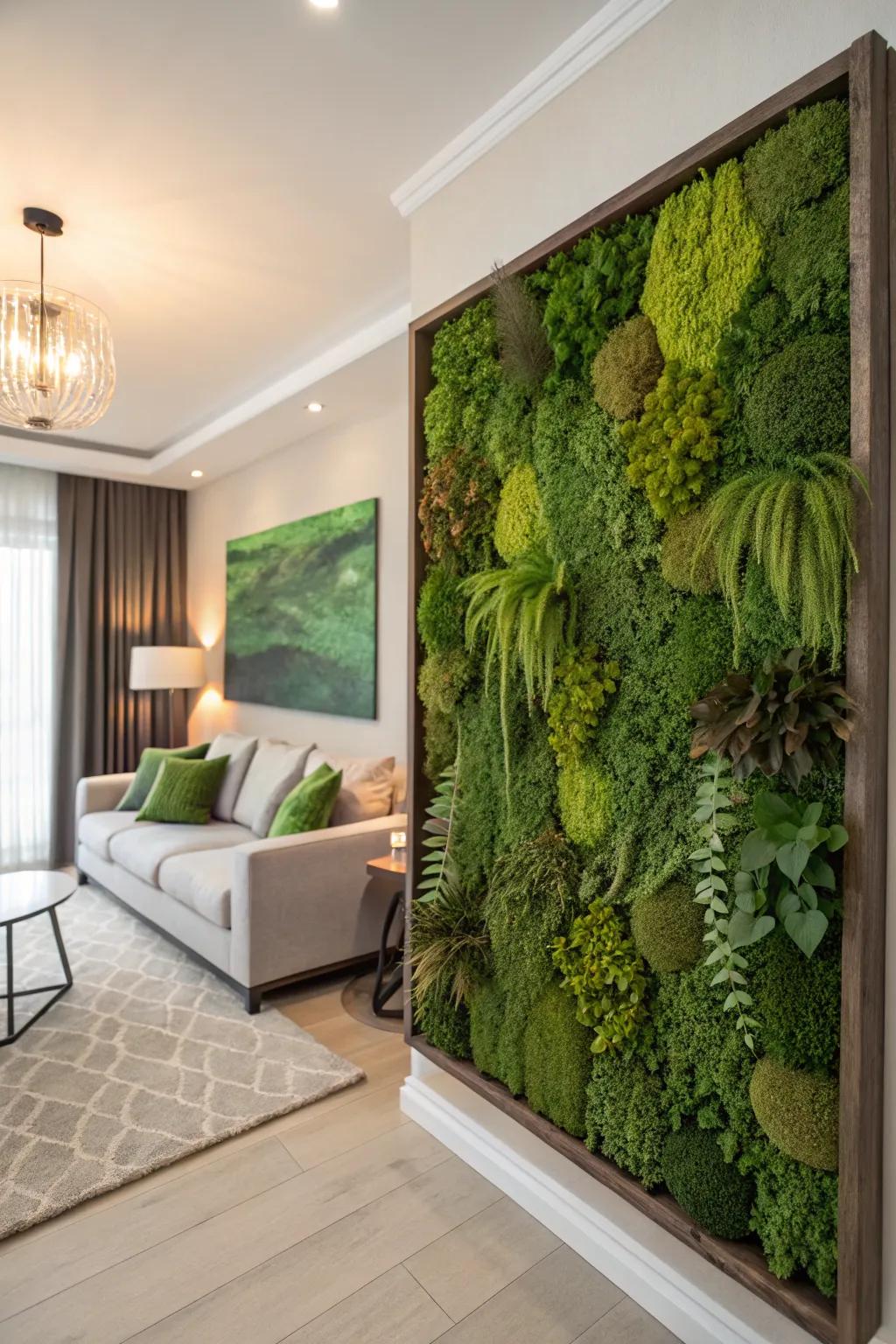 An indoor moss wall showcasing various types of green moss, enhancing the living room's ambiance.