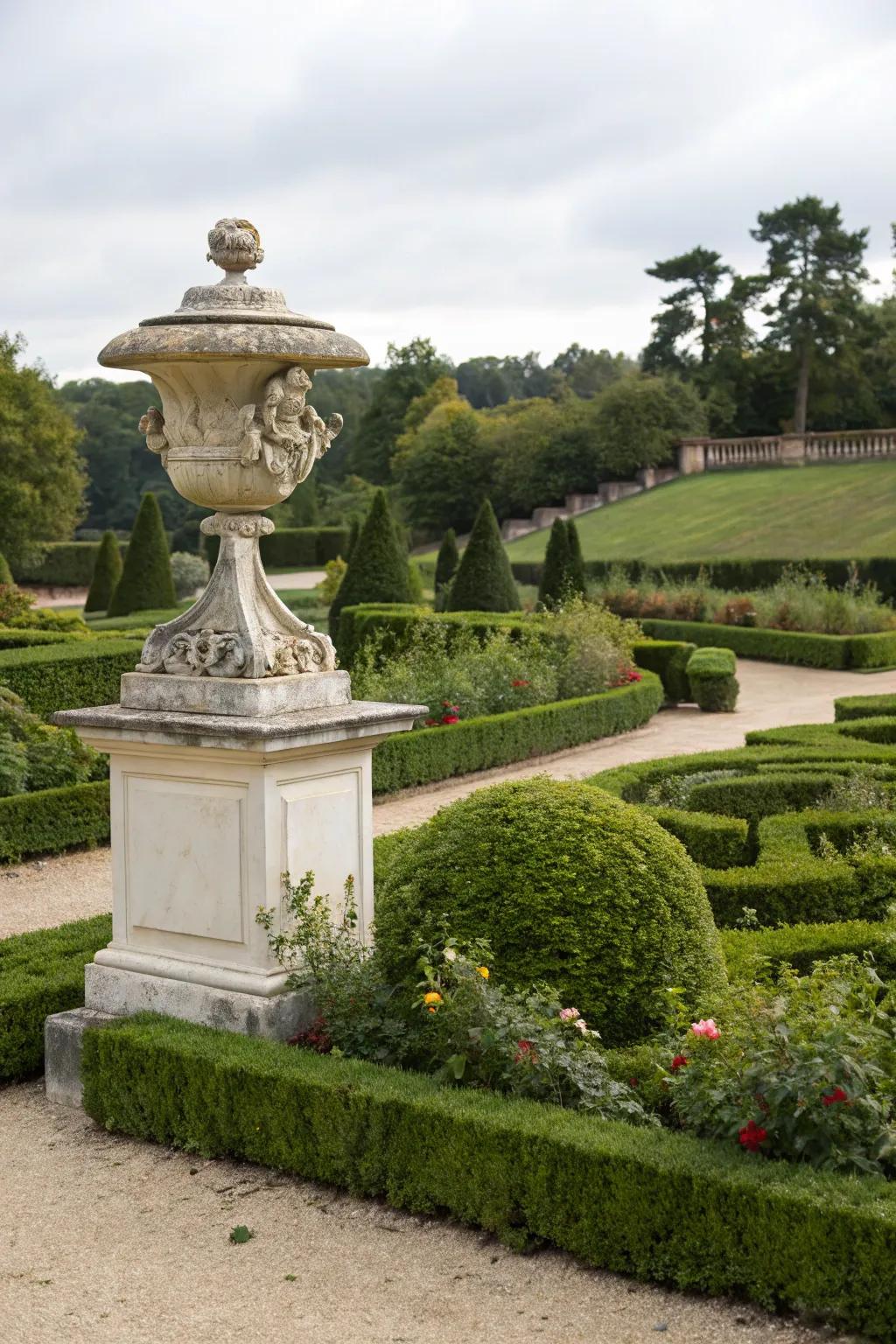 Artistic sculptures add a unique focal point to the landscape.