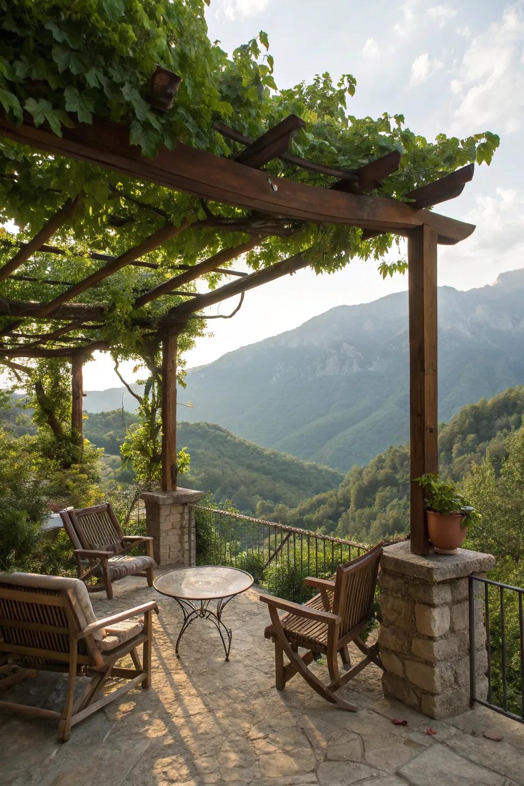 A wooden pergola offers shade and intimacy on your patio.
