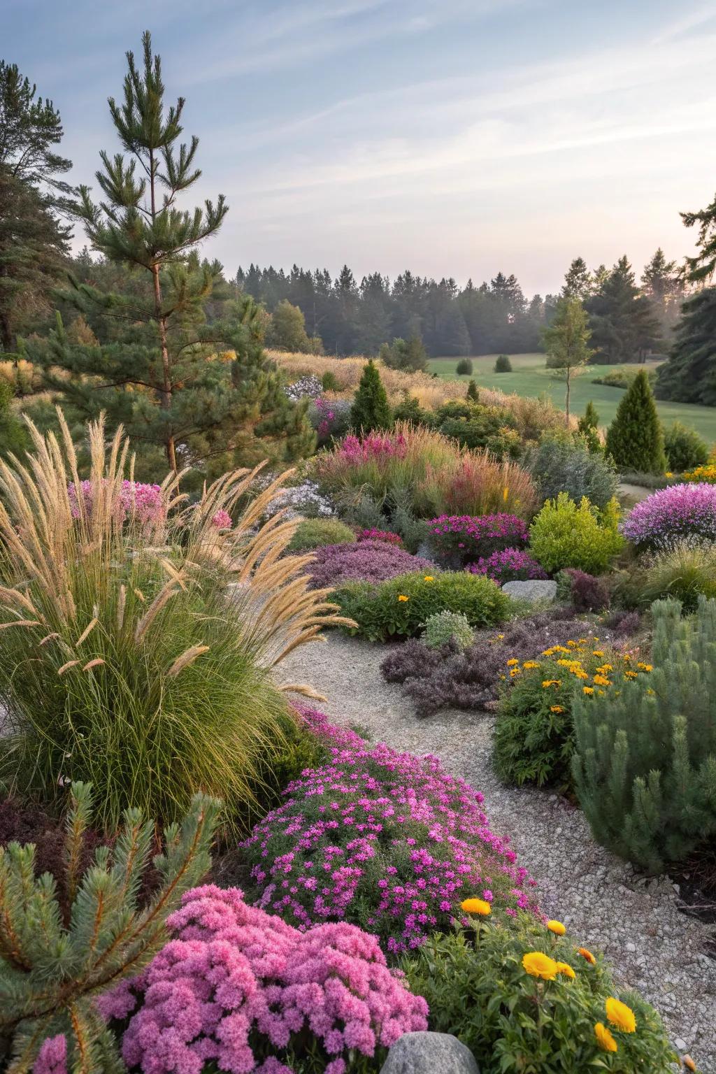 Enhance your garden's texture with mugo pines and companion plants.