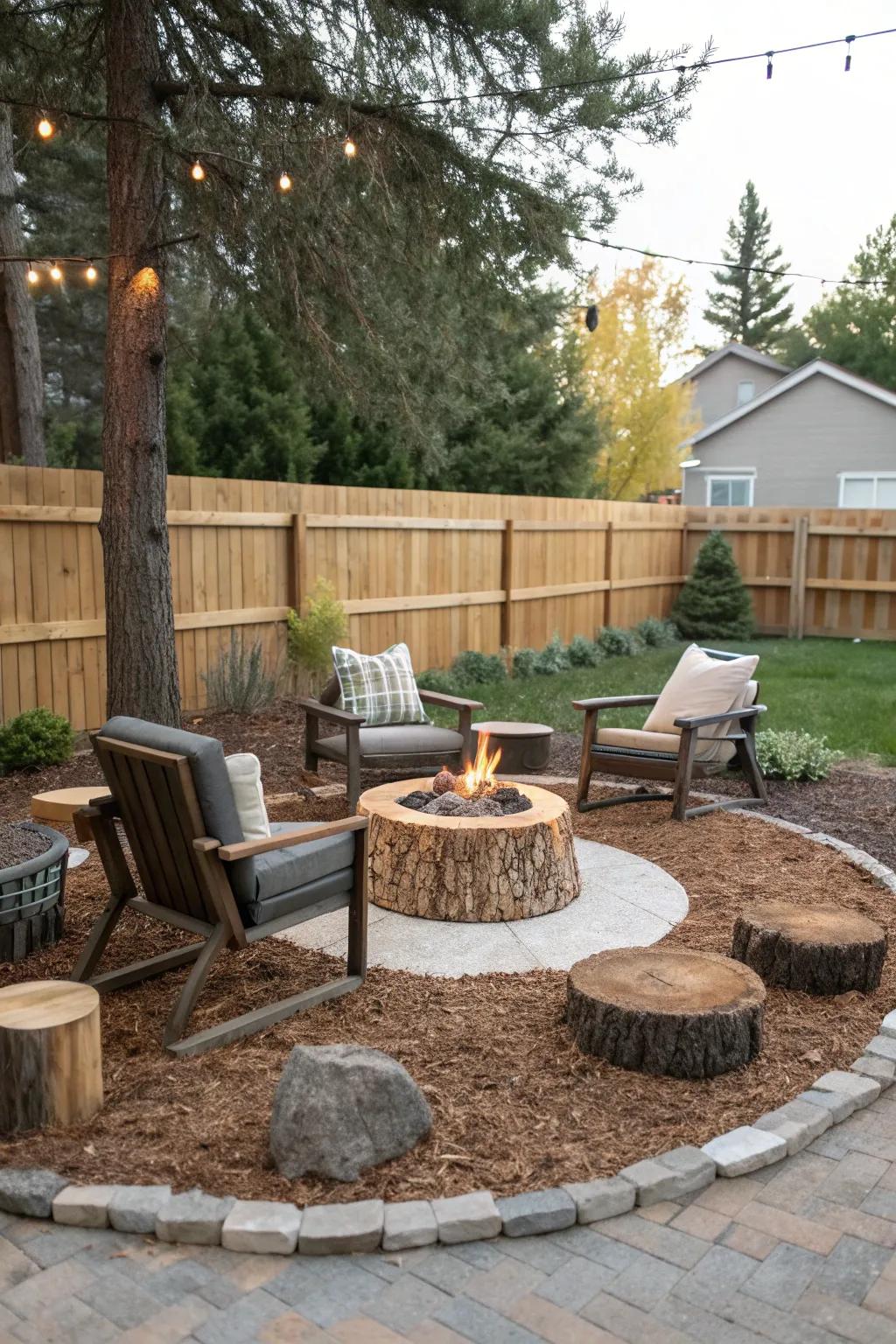 A welcoming fire pit area nestled in mulch for cozy gatherings.