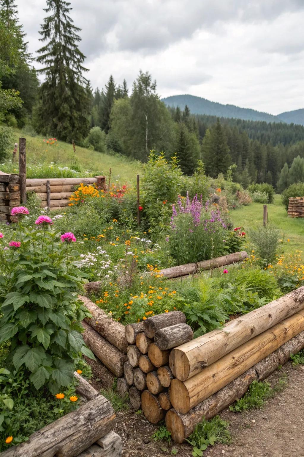 Wooden log borders add a rustic charm to your garden.