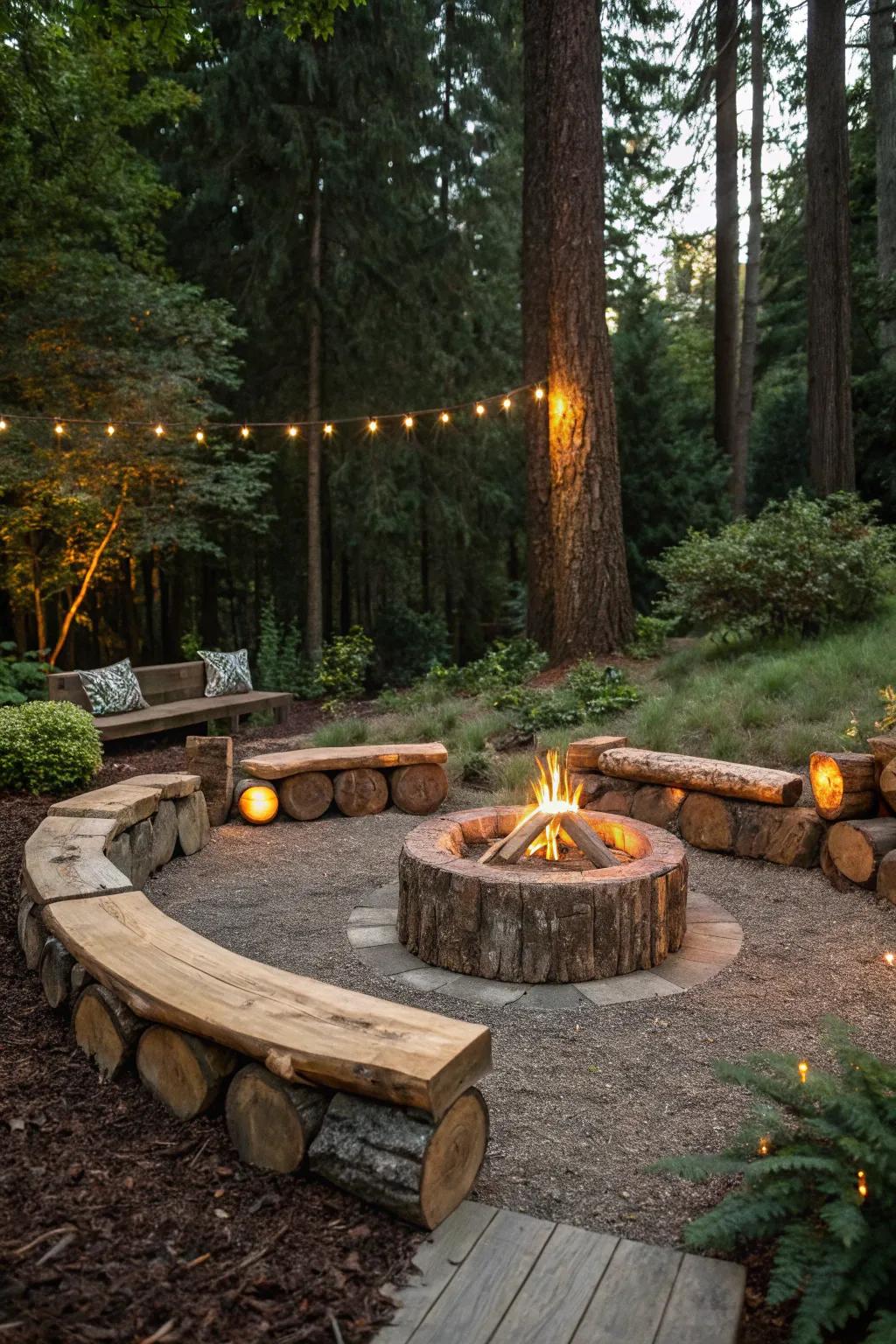 Log seating adds a rustic touch to the fire pit area.