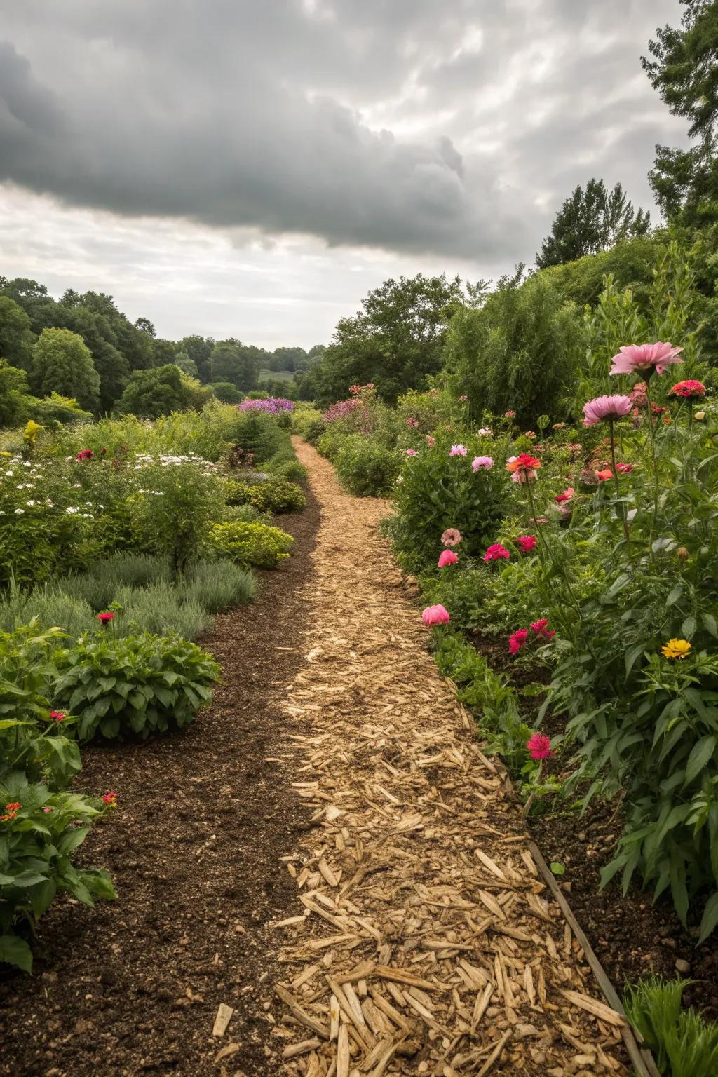 Organic mulch pathways in a lush garden setting.