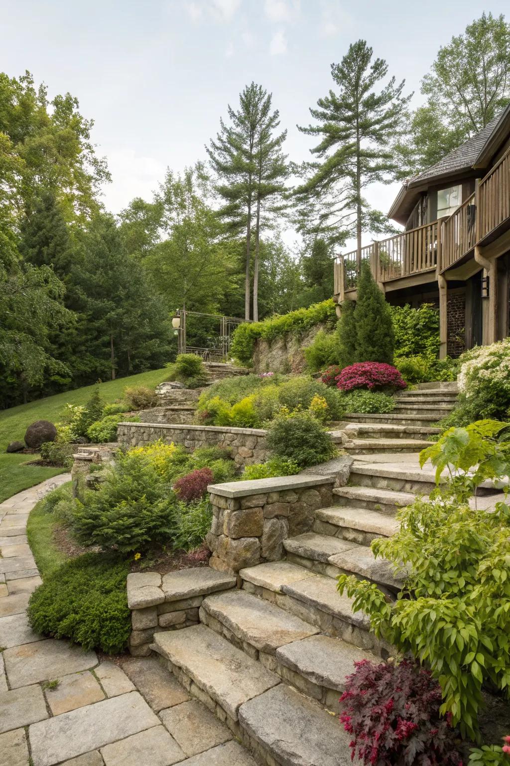 Natural staircases elegantly connect your backyard levels.