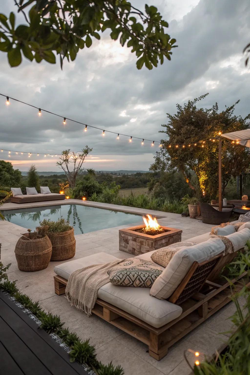 An outdoor lounge with a fire pit creates a perfect gathering spot.