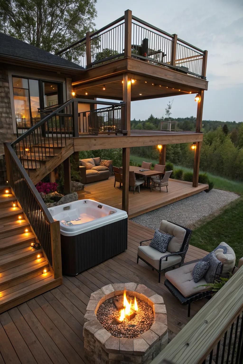 A luxurious deck area featuring a hot tub and fire pit for ultimate relaxation.