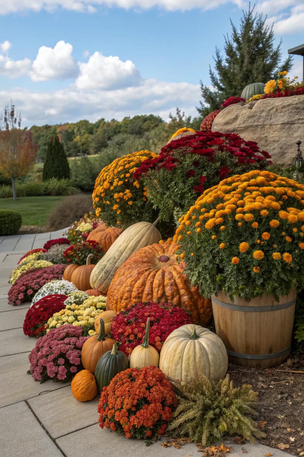 Combine mums with gourds and foliage for a textured fall display.