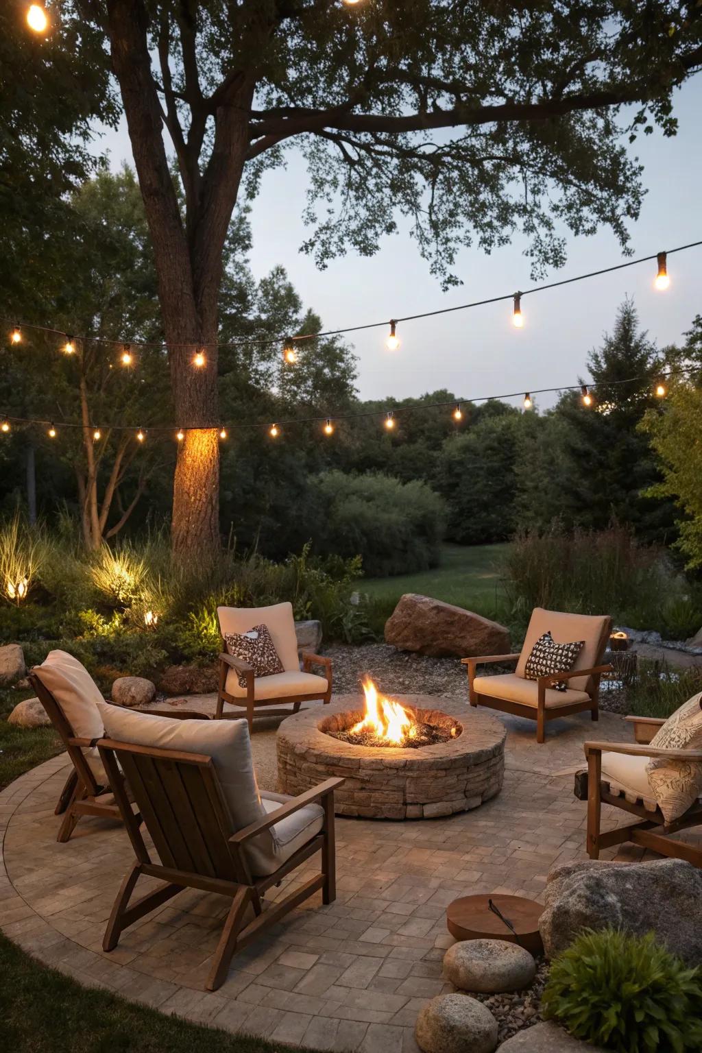 A fire pit creates a warm and inviting focal point.