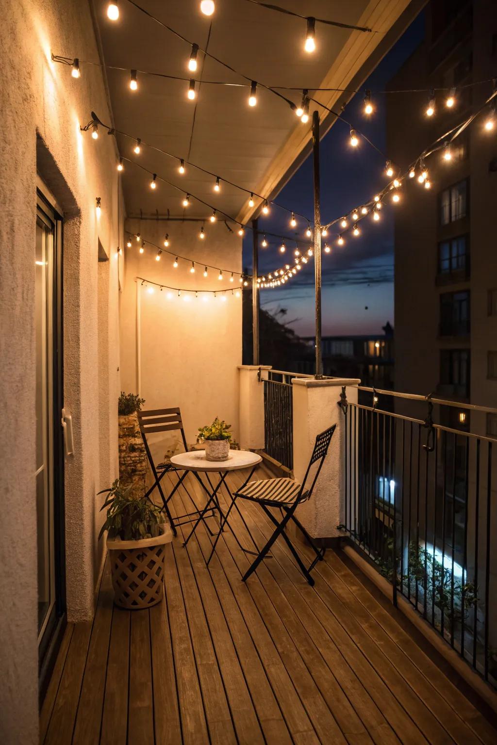 String lights create a magical ambiance on narrow balconies.