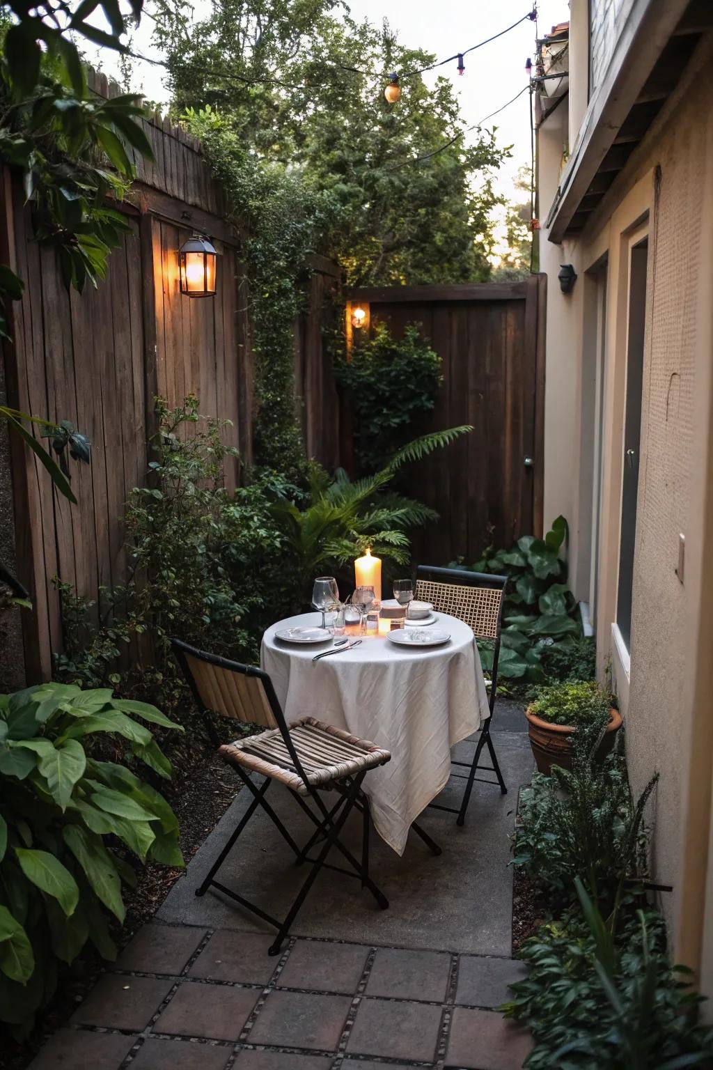 Bistro table setup on a narrow patio.