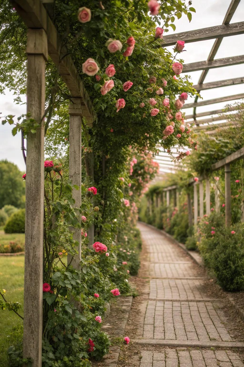 Climbing roses bring vertical interest to this narrow planting strip.