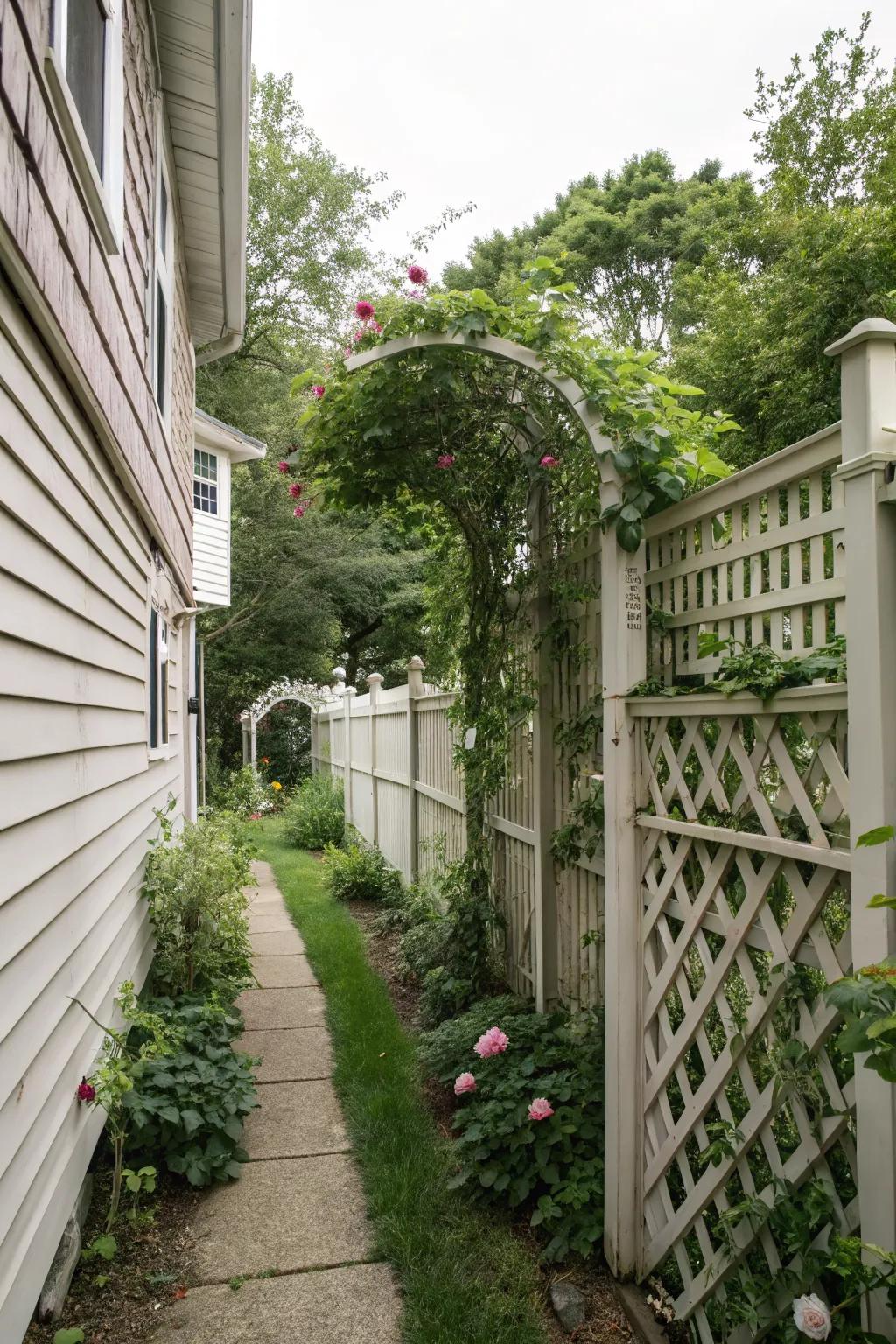 Decorative fences and trellises add privacy and beauty.