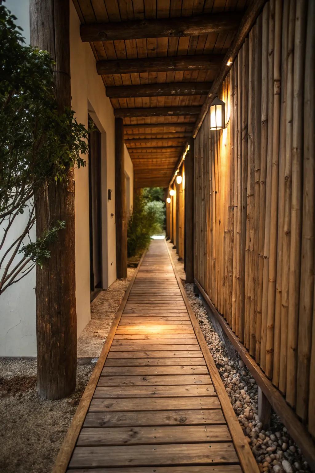 A narrow walkway featuring rustic wooden planks laid in a staggered pattern.