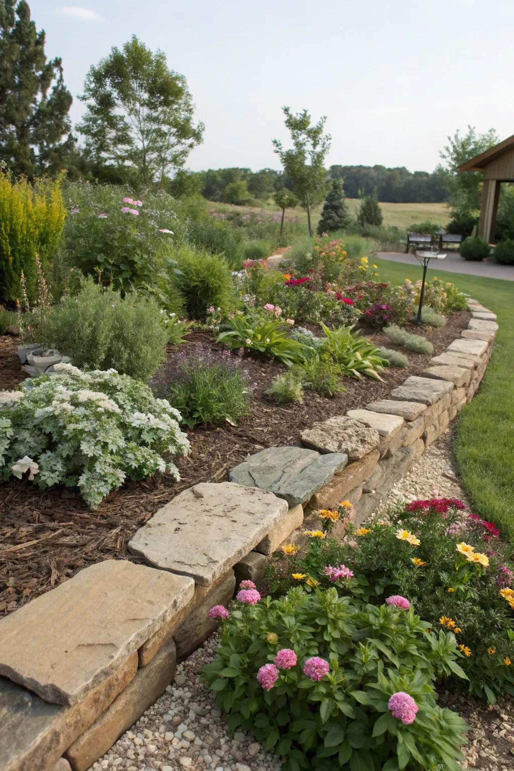 A harmonious blend of stone and mulch creating a dynamic garden edge.