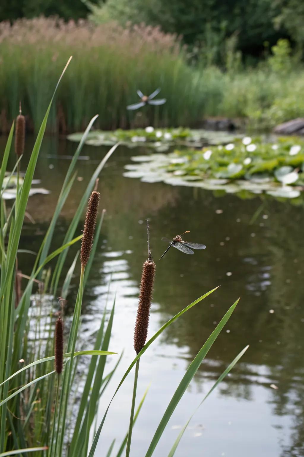 A wildlife-friendly pond with cattails and dragonflies.
