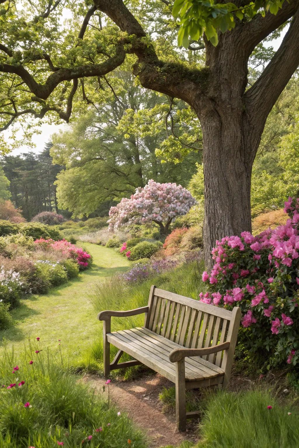 A tranquil seating area under the shade of a tree.