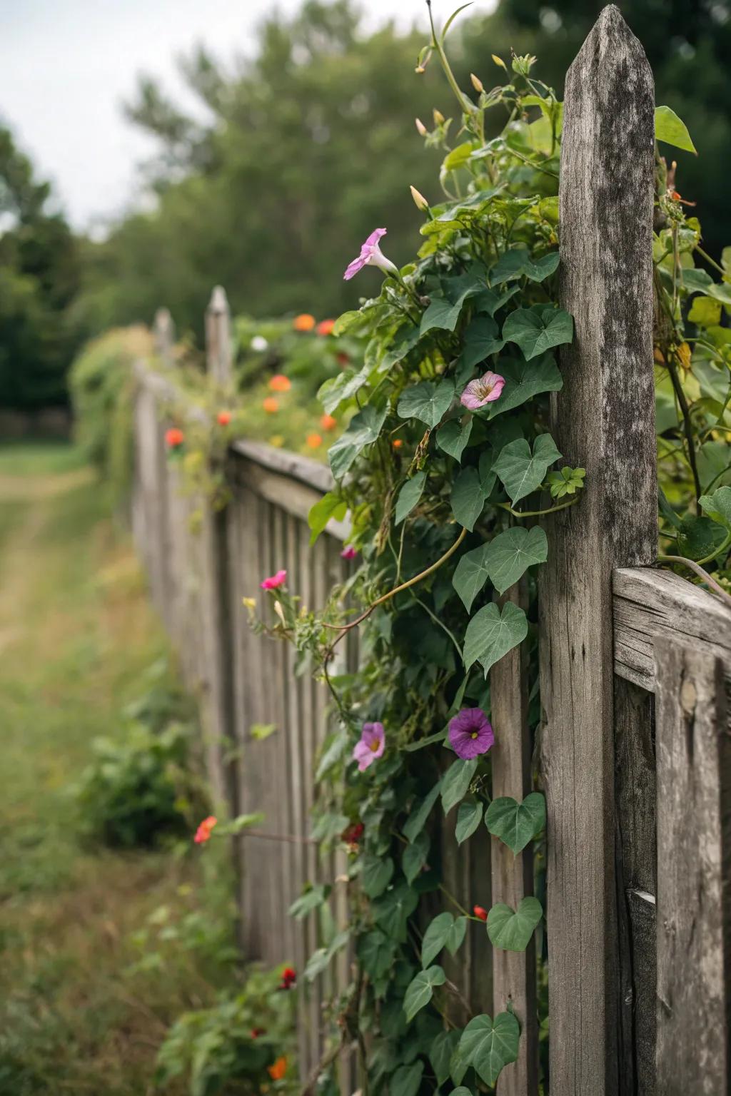 Wooden elements paired with climbing plants offer rustic privacy.