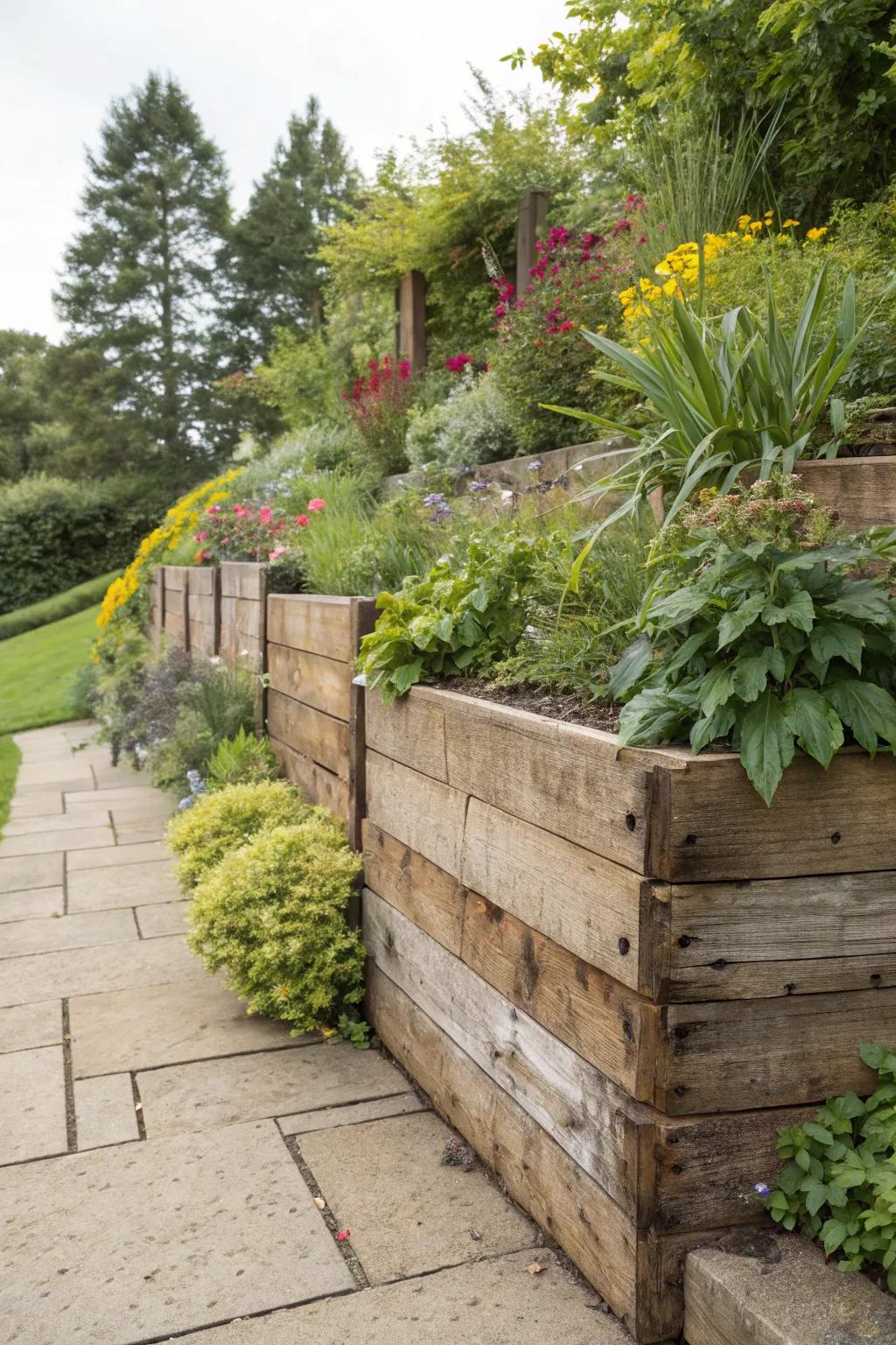 A warm and inviting garden with a wooden sleeper retaining wall.