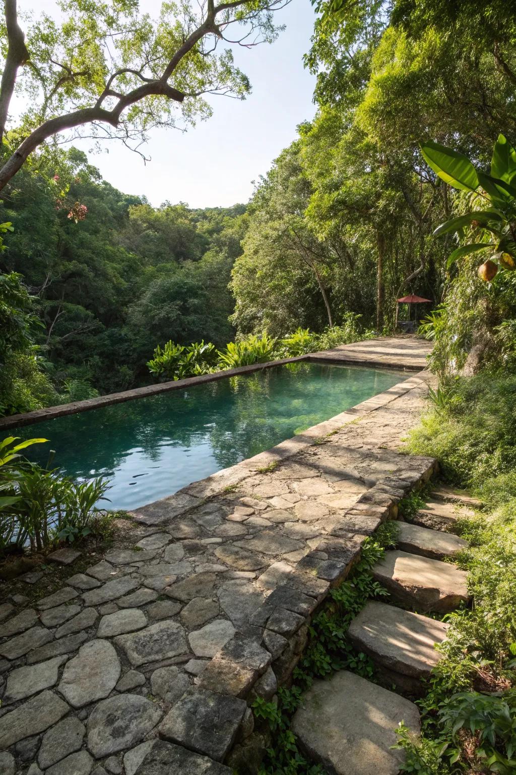 A stone pathway leading to a natural swimming pool, blending the pool into its natural surroundings.