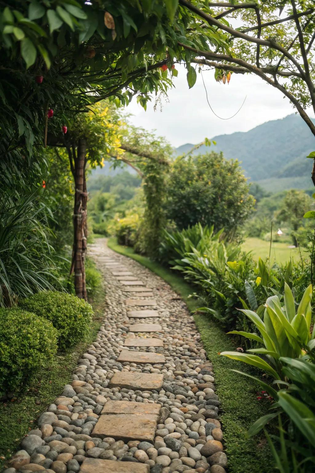 Pebbles create a soothing beach-like pathway in your garden.