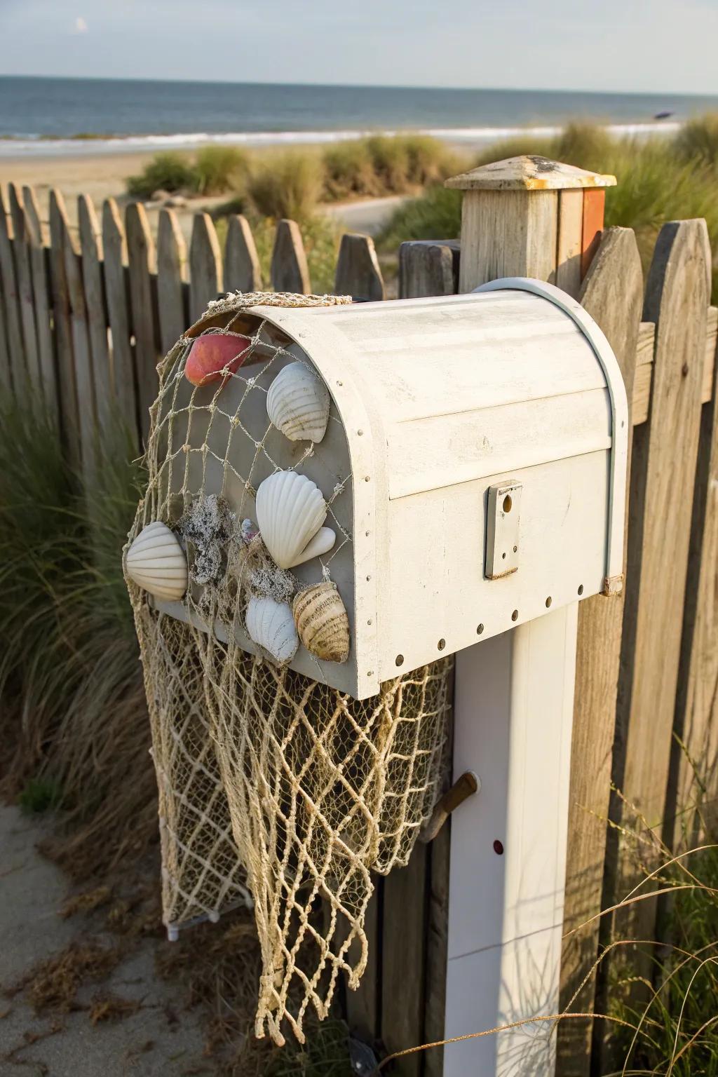 A mailbox draped with a fishing net and seashells.