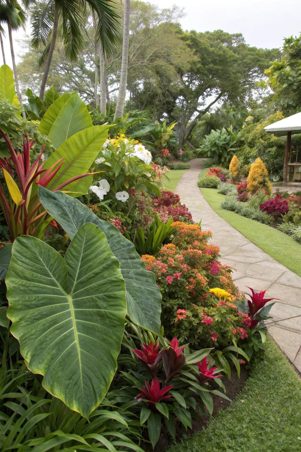 A lush garden oasis filled with vibrant tropical plants.