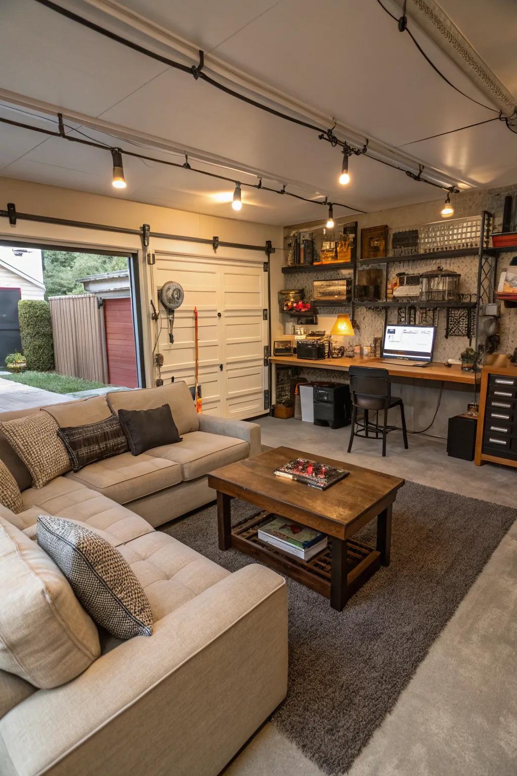 A garage that serves multiple functions with a lounge and workstation.