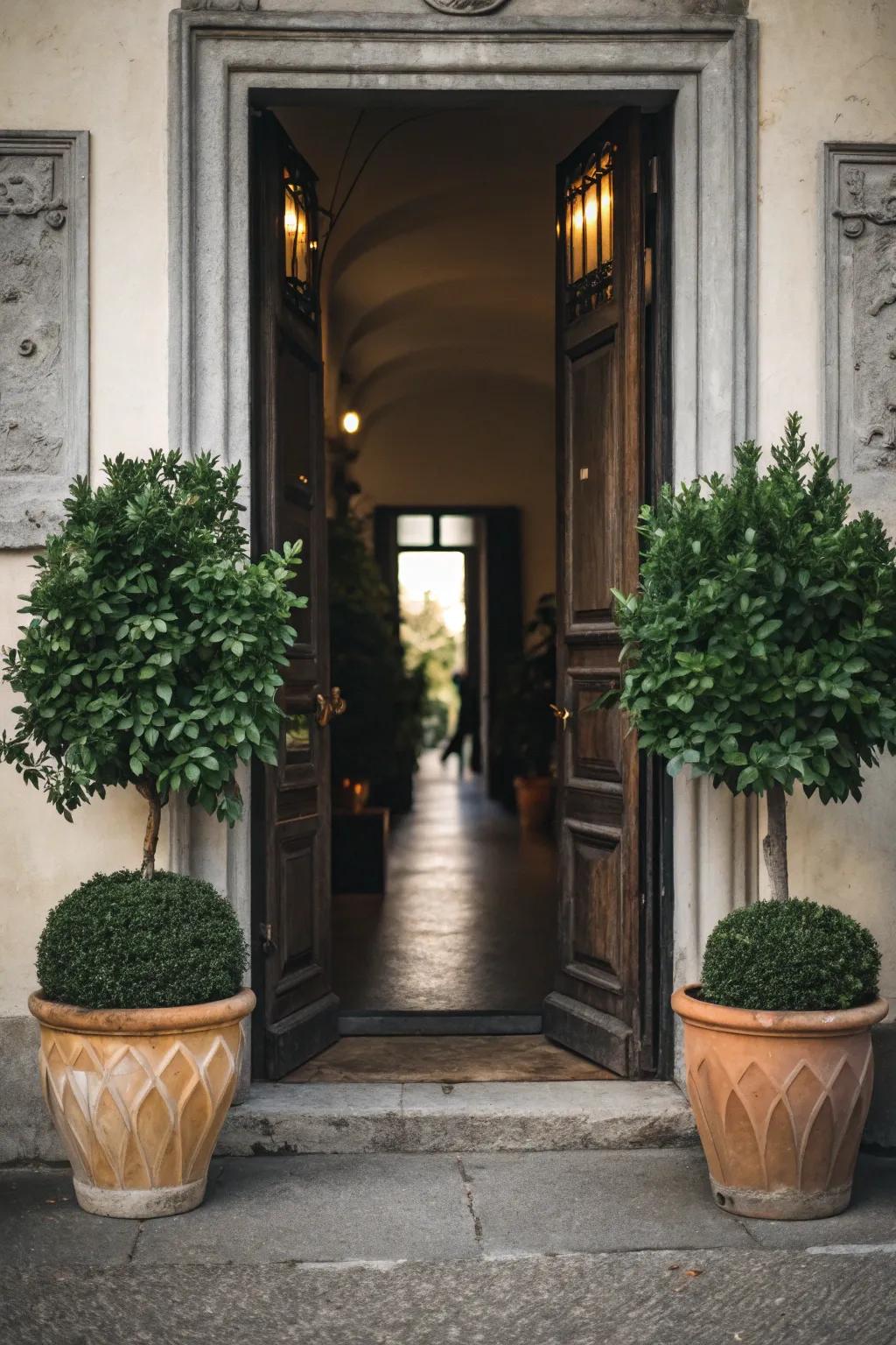 Symmetrical potted plants create a lush welcome.