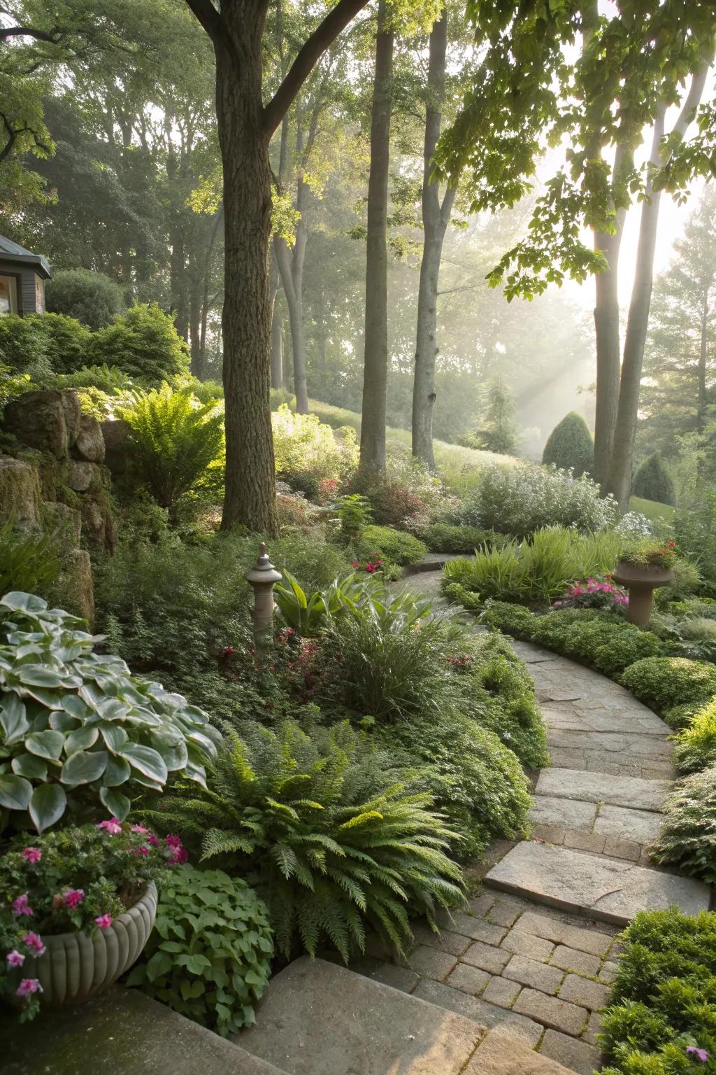 Layered planting creating depth and interest in a shaded garden.