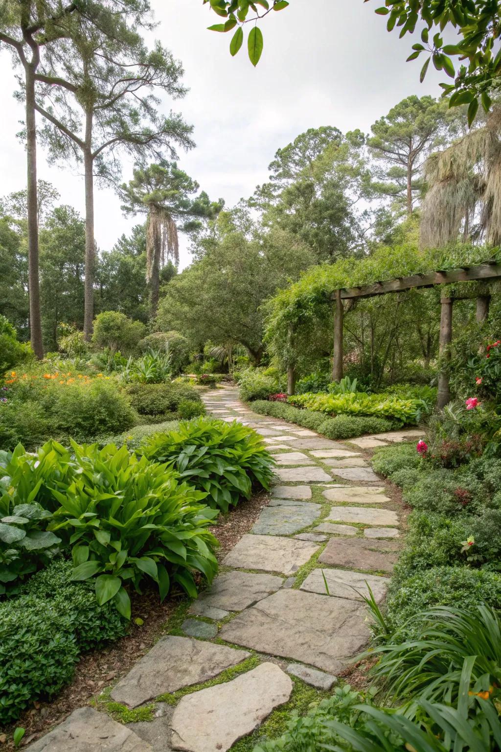 Elegant stone pathways wind through a lush North Florida garden.