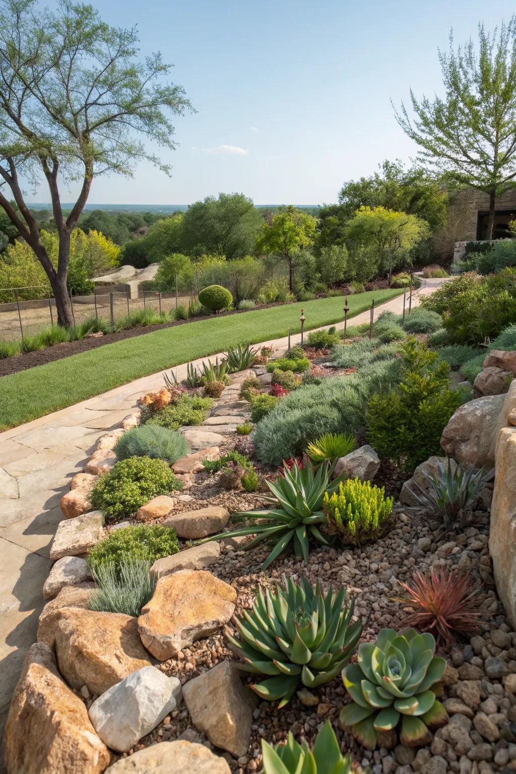 Rock beds add texture and require minimal upkeep.