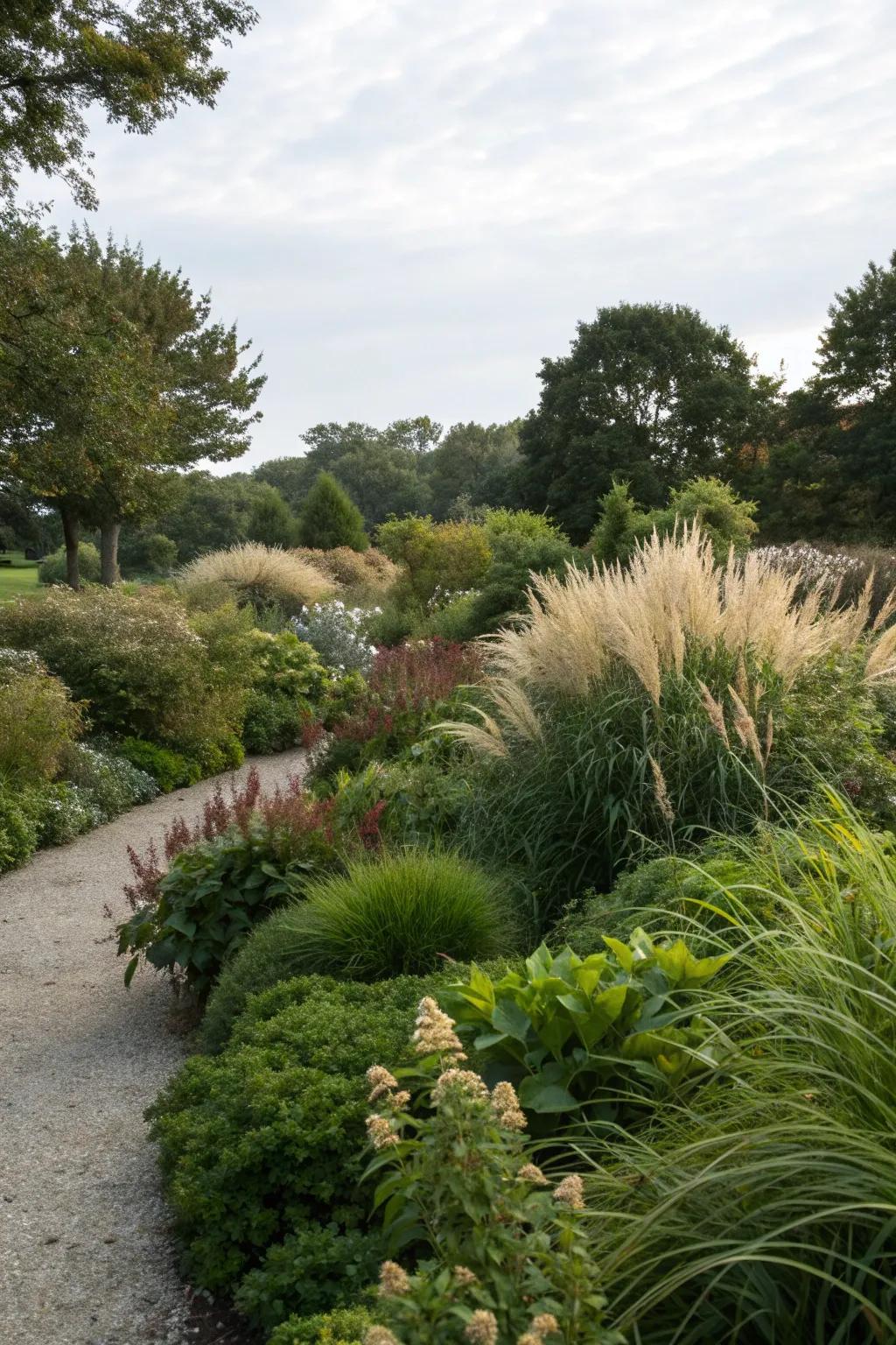 Lush layers of shrubs and grasses providing texture in a northeast garden.