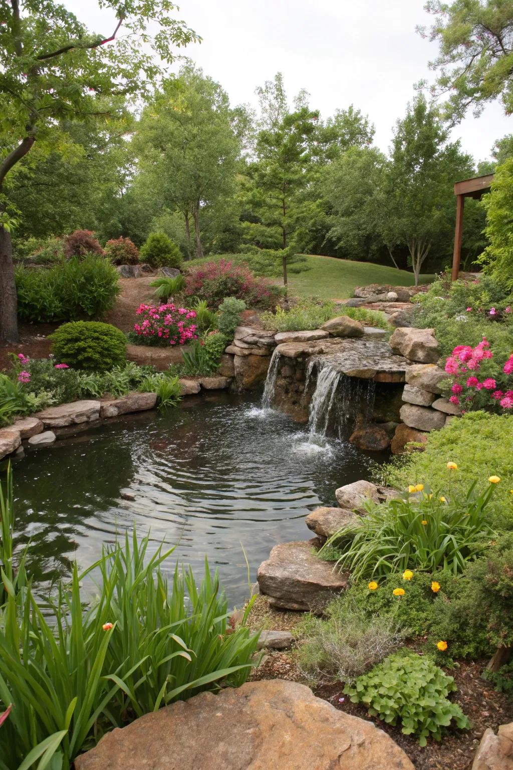 Water features like ponds add a peaceful element to the landscape.