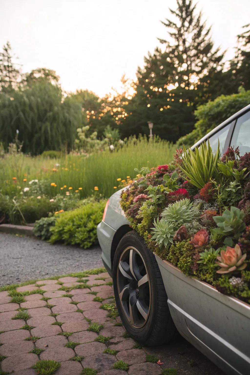Succulents thriving in the wheel wells of a classic car.