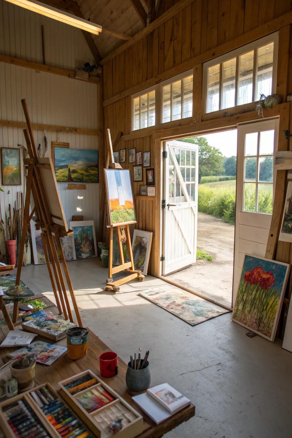 A creative sanctuary within the rustic walls of a barn.