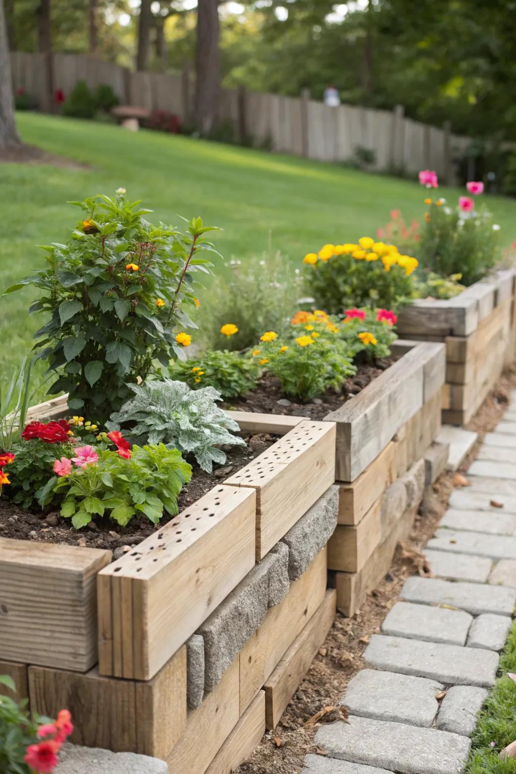 Achieve harmony in your garden with a wood and block combo.