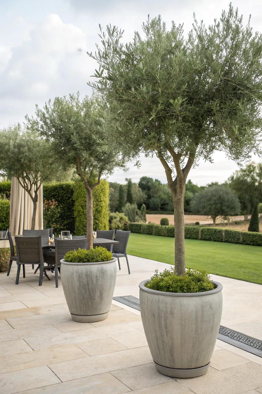 A patio featuring large potted olive trees in elegant containers.