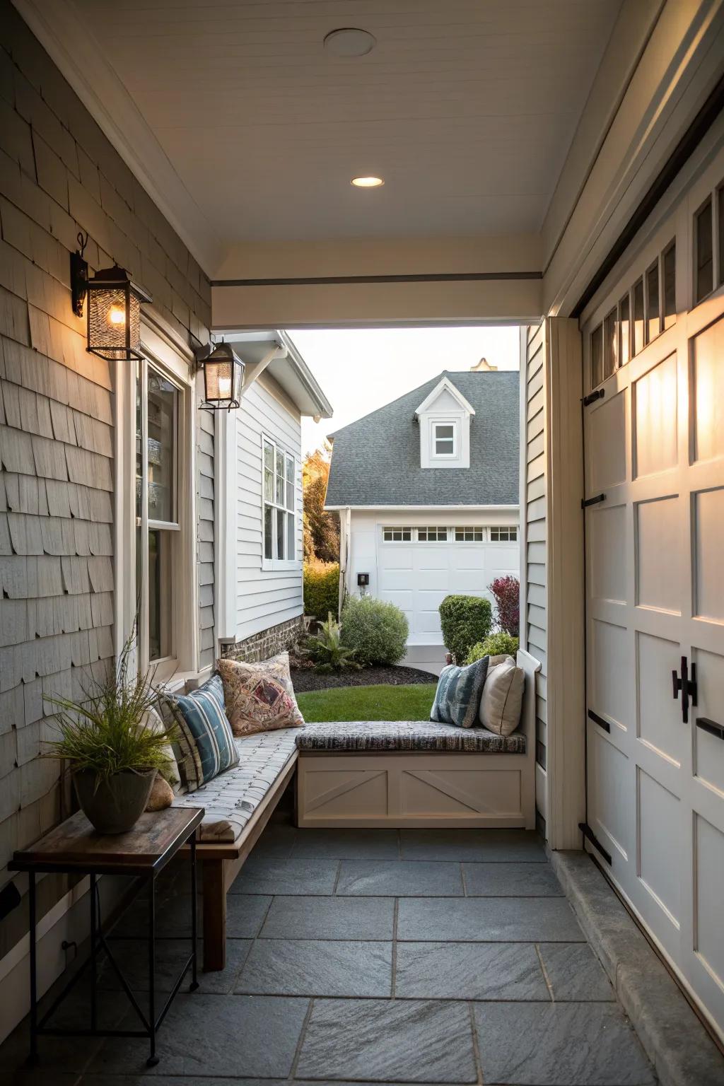 A seating area in the breezeway offers a peaceful retreat.