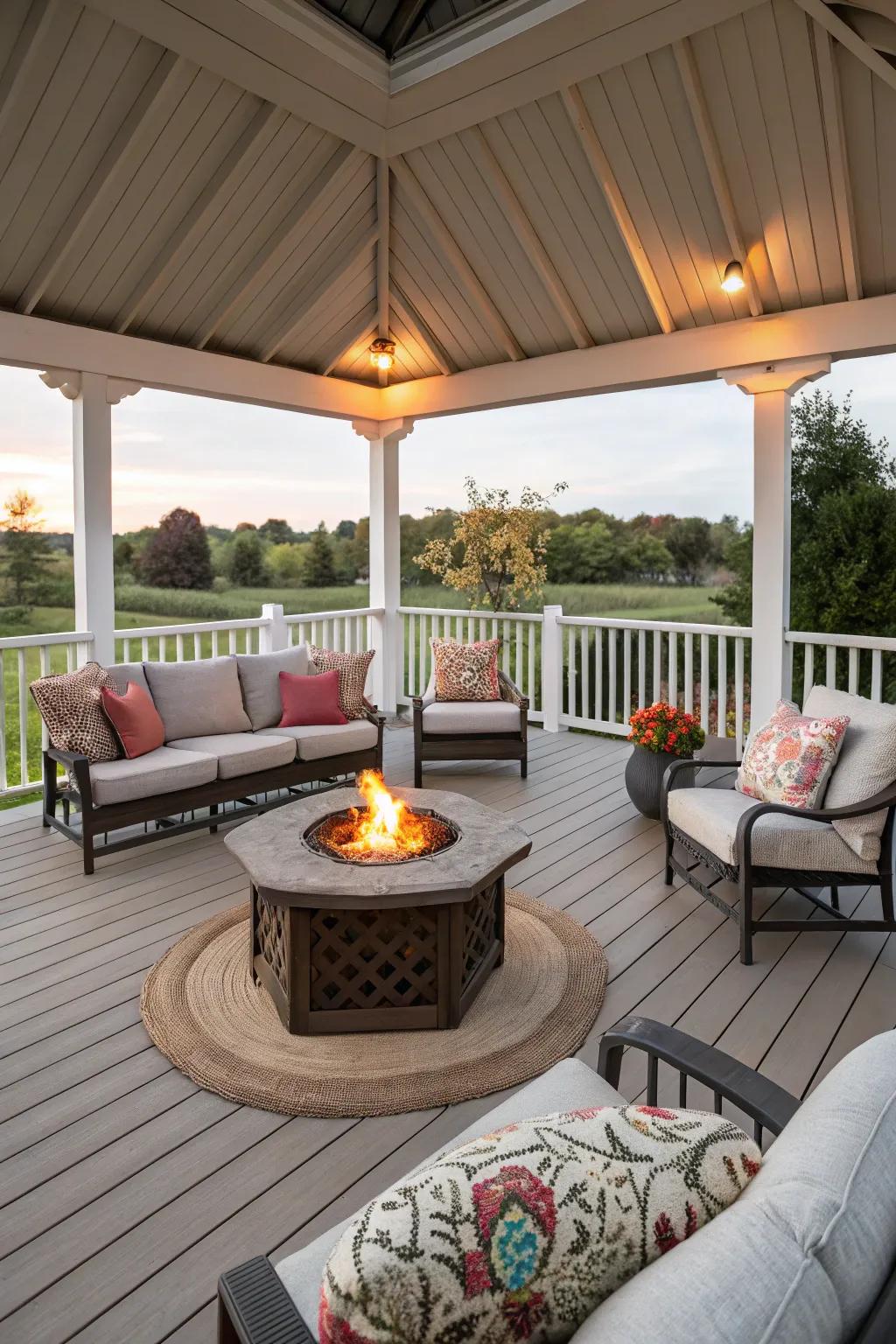 Gather around a cozy fire pit on your deck.