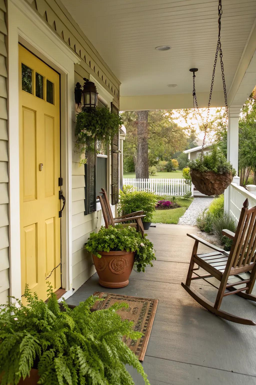 A striking front door color adds personality to the porch.