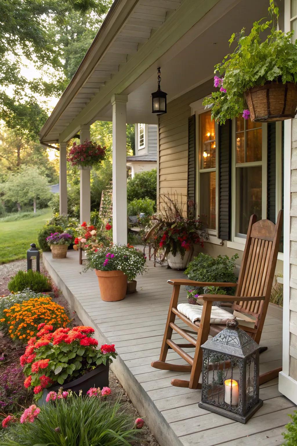 Potted plants add life and color to an open front porch.