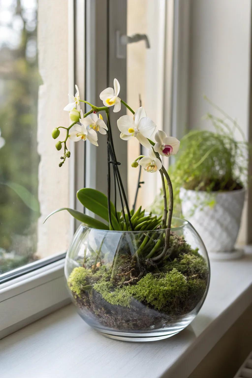 An orchid terrarium brings a slice of the tropics indoors.