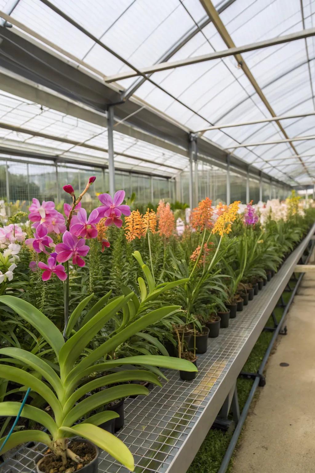 A sleek greenhouse providing the ideal environment for orchids.